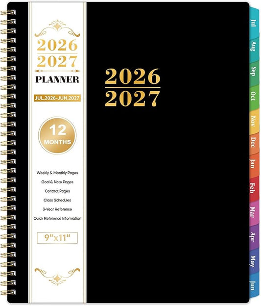 Planner 2026-2027 - Academic Planner 2026-27, Jul.2026 - Jun.2027, 9"x11", 2026-2027 Planners Weekly and Monthly with Colorful Tabs + Class Schedules + Back Pocket + Twin-Wire Binding - Black