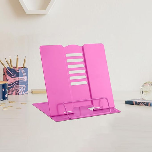 MSDADA Small Desk Book Stand Metal Reading Rest Book Holder Adjustable Cookbook Documents Holder Portable Sturdy Bookstands for Recipes Textbooks Tablet Music Books(Rose Red