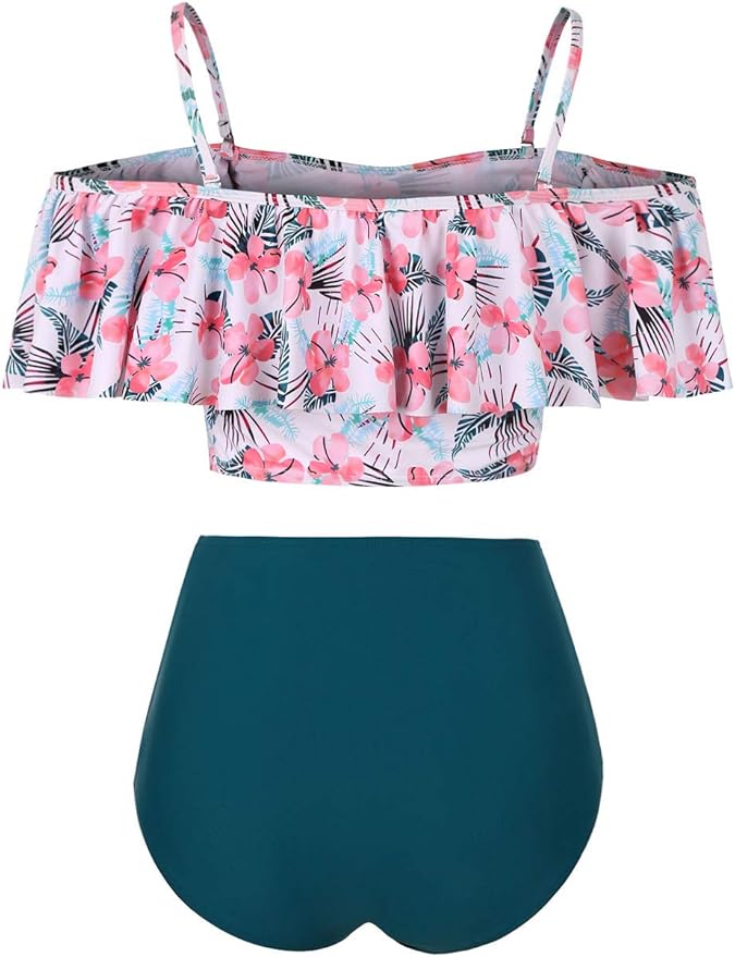Kaei&Shi High Waisted Flounce Bikini Set,Tummy Control Swimsuits for Women,Off Shoulder