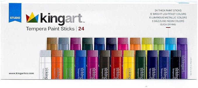 KINGART TEMPERA PAINT Sticks, Set of 24 Rich Colors, Solid Tempera Paint, Super Quick Drying, Non-Toxic, Work Great on Paper, Canvas, Wood, Glass and more