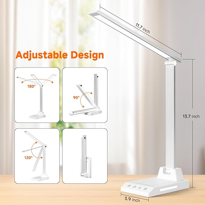 ShineTech LED Desk Lamp for Home Office, Dimmable Desk Light with 25 Lighting Combinations and USB Port, Memory and Timer Folding Reading Light for Study Nightstand, White