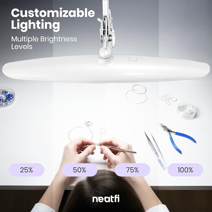 Neatfi XL 2200 Lumens 24W LED Desk Lamp - 4-Level Dimmable Task Light | Home Office, Crafts & Workbench | 20-Inch Wide Head (White, Non-CCT with Base)