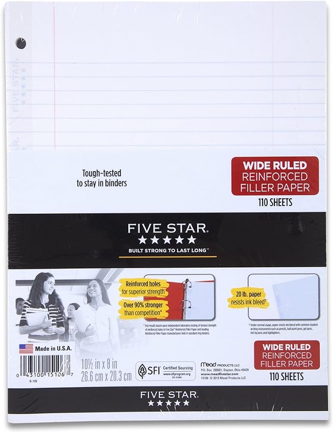 Five Star Filler Paper, Wide Ruled Paper, 110 Sheets/Pack, 10-1/2" x 8", Reinforced, Loose Leaf, White (15106)