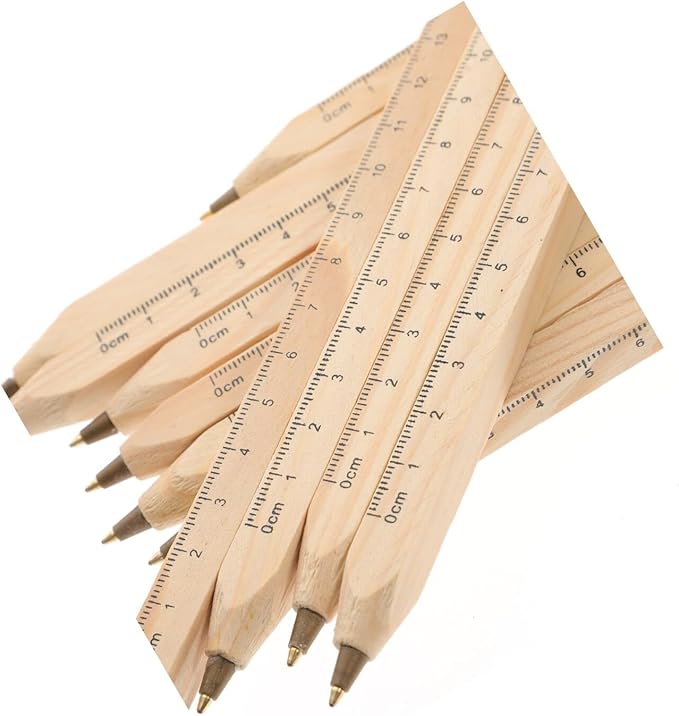 Housoutil 12pcs Black Ballpoint Pens Natural Wood Carpenter Drafting Pens with Printed Ruler Scale Eco-friendly Biodegradable Woodwork Supply for Office and Construction