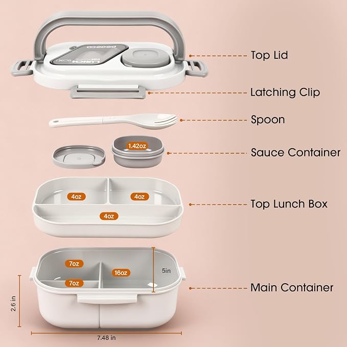 PEDECO White Bento Box with Bag for Adult Kid, Leakproof 2-Layers Stackable | Insulated bag and sauce pod,2-tier stackable 1100ml ,Microwave & dishwasher safe, BPA-free,For school, work, travel, picnic