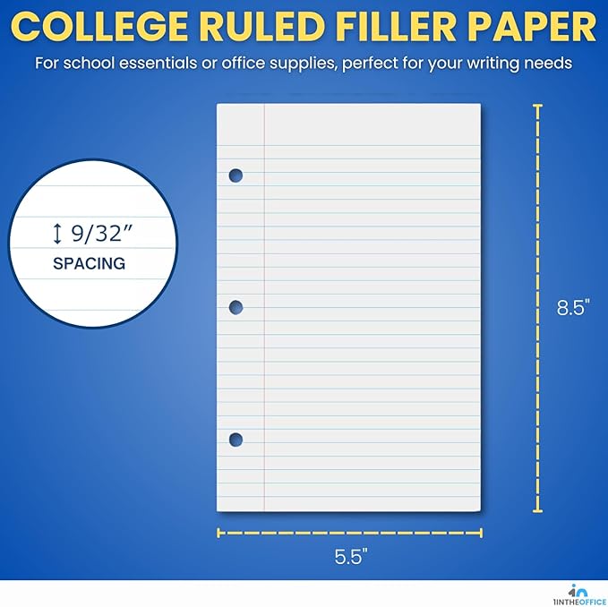 1InTheOffice College Ruled Filler Paper 5.5 x 8.5, 3 Hole Punch Filler Paper, Loose Leaf Paper, White, 200 Sheet/Pack