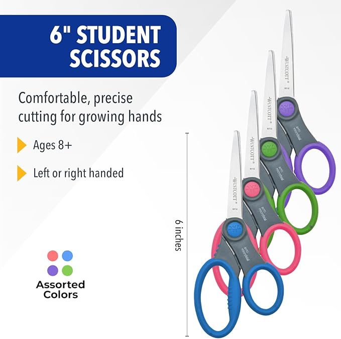 Westcott 12-Pack 6” Kids Scissors Scissors for Students Ages 8+, for School and Craft Projects, Back to School Supplies for Big Kids, Soft-Touch Handles in Assorted Colors.