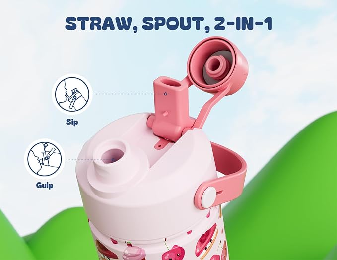 12 oz Insulated Water Bottle for Kids: 2-in-1 Straw Spout Lid, Spill-proof, BPA-Free, Easy Clean, Keep Cold 24H, Cute Patterns, Stainless Steel Cup for School, Travel, Holiday Gift (Cherry Yum Yum)