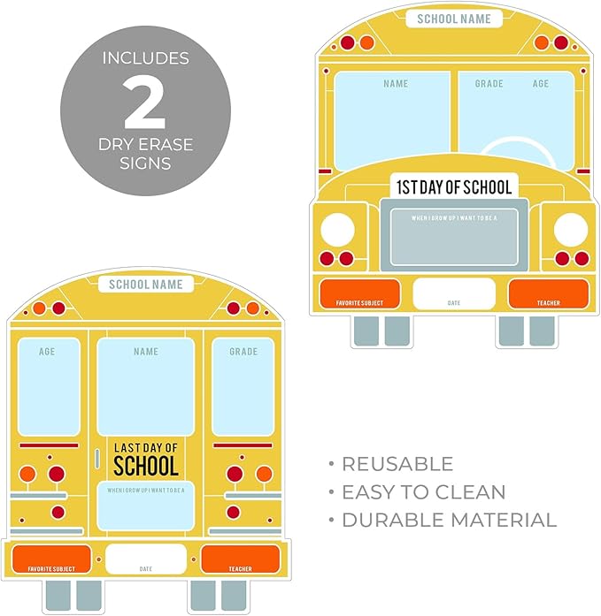 School Bus First and Last Day Sign Set / 12" x 12" Reusable Whiteboard Photo Props/Back to School Classroom Dry Erase Signs