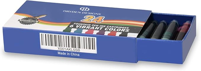 Dryden Designs Fountain Pen Ink Cartridges - Set of 24 Assorted Colors: Black, Blue, Green, Purple, Red, Pink - Short International Standard Size - Disposable and Generic Ink Refill Cartridges.
