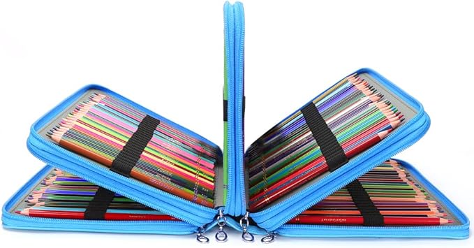 Vomgomfom 200 Slots Pencil Bag, 4-Layer Zipper Portable Art Supply Organizer, PU Leather Large Capacity Colored Pencil Case with Handle for 200 Watercolor Pens, Gel Pens (Blue Flower)