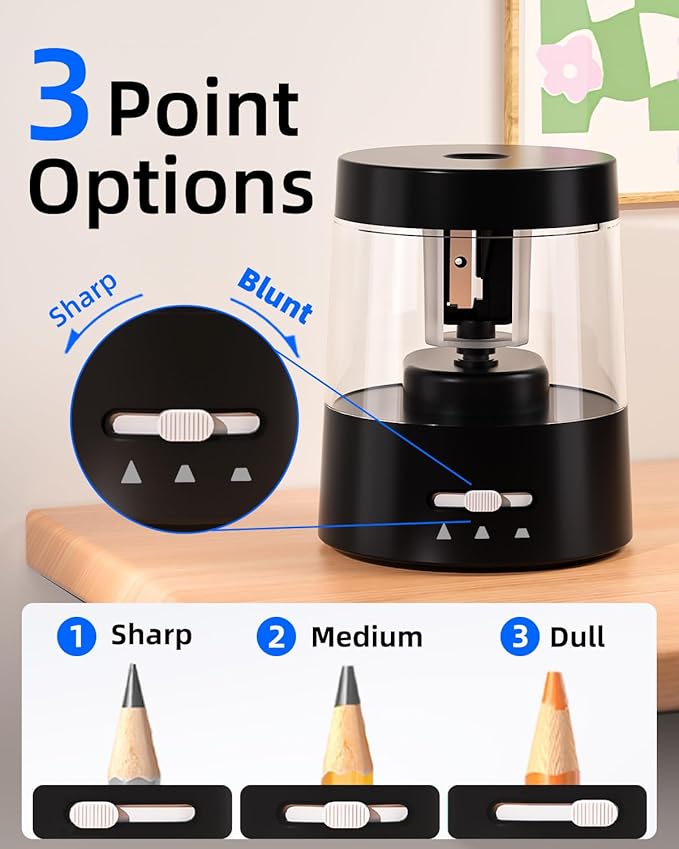 ZMOL Electric Pencil Sharpener for Kids - 3 Modes, Battery Powered & USB, Tungsten Steel, Fast Sharpening for Colored Pencil No.2, Classroom Office Home, 6-8mm, Black