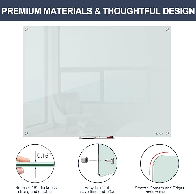 Magnetic Glass Whiteboard, TANKEE 48 x 36 Inches Glass Dry Erase Board Large White Board for Wall, Frameless Whiteboard for Office School Home Classroom