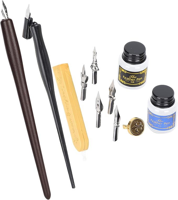 Wood Handle Calligraphy Pen Set, Fountain Dip Pen with 5 Nibs, Ink Writing Tool Kit for Beginners, Includes Wax Seals Stamp and Empty Ink Bottles for Artistic Painting and Letterin (Thick Wooden Pole