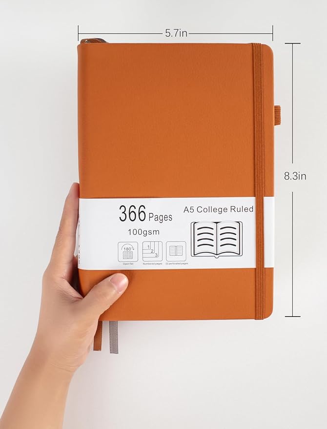 Thick College Ruled Notebook with 366 Numbered Pages, A5 Journals for Writing with 100GSM Lined Paper, Hardcover Leather Notebooks for Women Men School Note Taking Office Work Diary, Beige