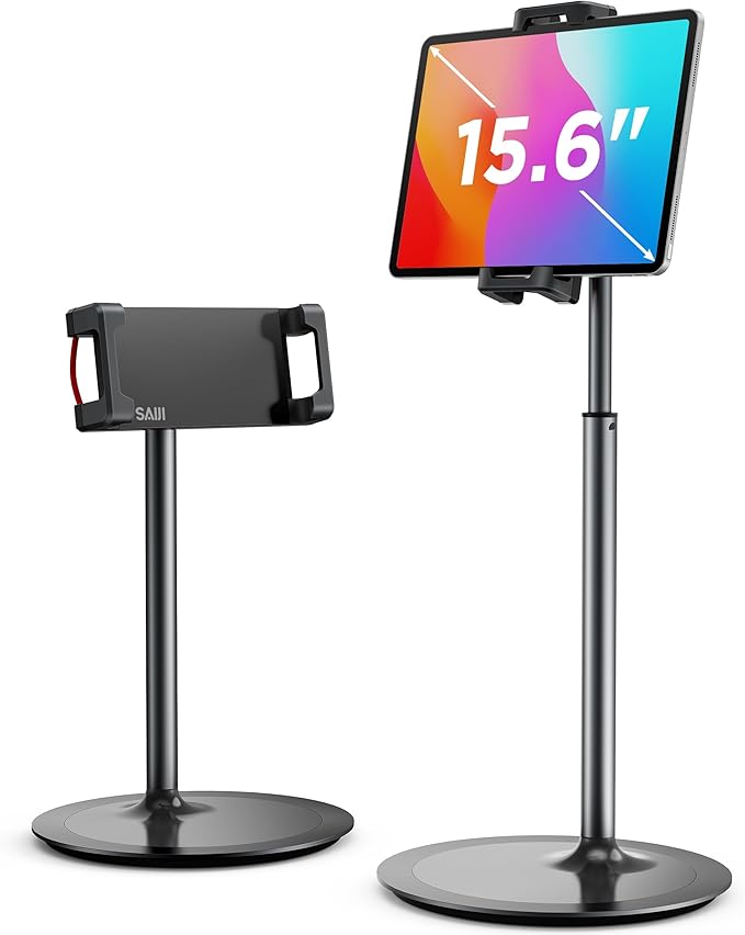 SAIJI iPad Stand for Desk - Tablet Holder Extra-Height 360° Rotating Adjustable Aluminum Alloy Cradle for 4.7"-15.6" iPhone Samsung Kindle Portable Monitor (Black)