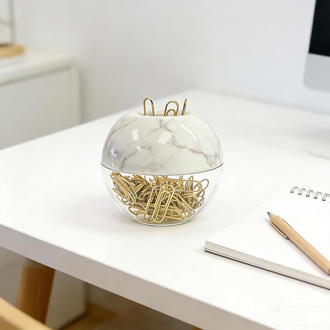 NatSumeBasics Marble Paper Clip Holder Magnetic Cute Paper Clips Dispenser with 100 Gold Paperclips for Desk Organizer Accessories Supplies (Marble)
