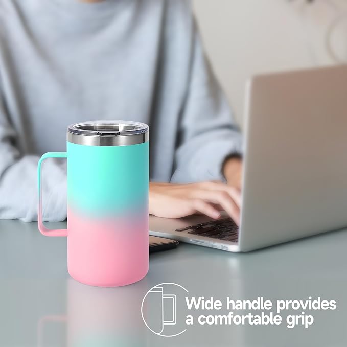 Volhoply 22oz Insulated Stainless Steel Coffee Mugs with Leakproof Lid Bulk 2 Pack,Double Wall Vacuum Travel Coffee Cup with Handle,Reusable Metal Tumbler,Camping Mug Keep Hot&Cold(Green Pink,2)