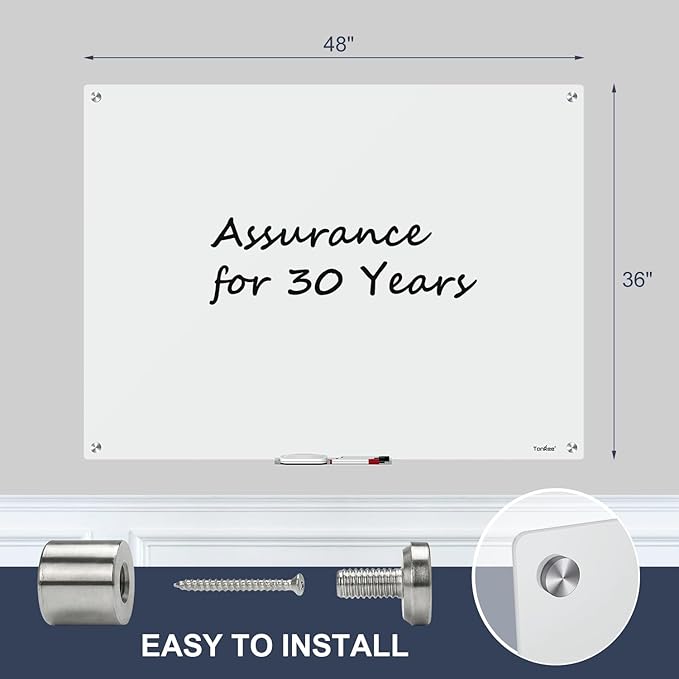 TANKEE Glass Whiteboard, 48 x 36 Inches Magnetic Glass Dry Erase Board for Wall, Large Frameless White Board for Office School Home Classroom