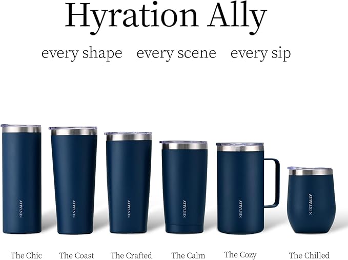 NESTALLY Coast 20oz Stainless Steel Tumbler, Extra Capacity Holds Up to 22oz, Double Wall Vacuum Insulated Travel Coffee Mug with Lid & Metal Straw, Leakproof Reusable Cup for Travel (Navy Blue)