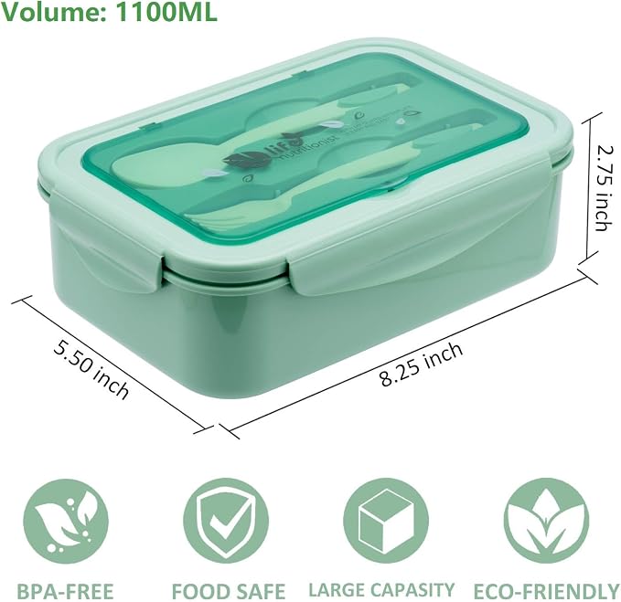 LOVINA Bento Boxes for Adults - 1100 ML Bento Lunch Box Container For Kids | Built-in Spoon & Fork - BPA-Free and Food-Safe Materials, Durable Perfect Size for On-the-Go Meal(Green)