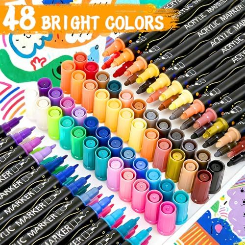 48 Colors Dual Tip Acrylic Paint Markers, Coloring Paint Pens Set, Fine Tip and Dot Tip Acrylic Paint Markers for Rock, Stone, Glass, Fabric, Canvas, Gifts for Teens, Art Painting Supplies Kit