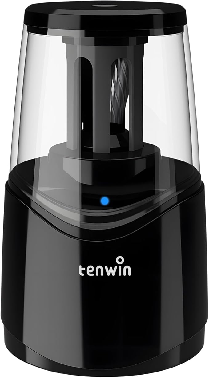 tenwin Rechargeable Pencil Sharpener for No.2 & Colored 6-8mm Pencils, Heavy Duty Electric Pencil Sharpener, Durable Helical Blade for Fast Sharpen, Home/School/Art Studio (Black)