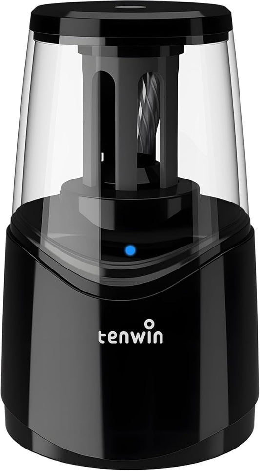 tenwin Rechargeable Pencil Sharpener for No.2 & Colored 6-8mm Pencils, Heavy Duty Electric Pencil Sharpener, Durable Helical Blade for Fast Sharpen, Home/School/Art Studio (Black)