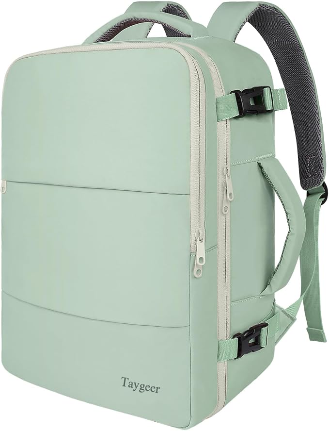 Taygeer Carry On Backpack, 40l Travel Backpack for Women Airline Approved | Cute 17.3" Personal Item Travel Bag with Shoe Pouch, Casual Daypack Gifts for Friend Hiking Weekend, Green Beige