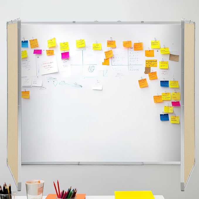 Mooliwe 72"x24" Tri-fold Cork Board Whiteboard, Foldable Combination Magnetic Dry Erase Bulletin Board & Corkboard with Aluminum Frame Wall Mounted for Home, Office and School(Beige)