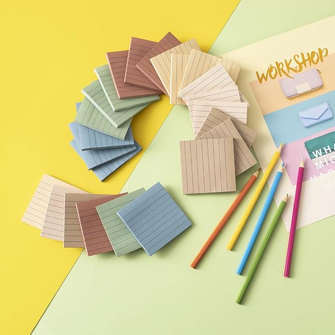 (12 Pack) Lined Sticky Notes 3x3 in,Notepads with Lines,Ruled Stickies Super Sticking Power,Office School Memo Note Pads Vintage Colors,Post on Windows Doors,Recyclable,Easy to Write on