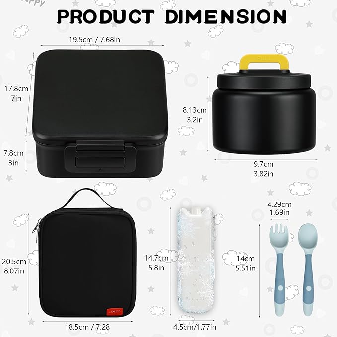 MAISON HUIS Bento Lunch Box with 8oz Soup Thermo and Insulated Lunch Bag, Kids Leakproof Lunch Food Containers with 5 Compartment, Boys Girls Thermo Hot Food Jar for Travel, School, BPA Free (Black)