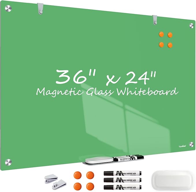 Glass White Board 36x24 Inches Magnetic Glass Dry Erase Board, Large Whiteboard for Wall Office School Classroom Home, 3x2 Feet Green Whiteboard Wall Mounted