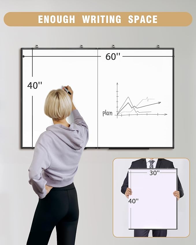 60"X 40" Large Magnetic Dry Erase Whiteboard, Wall Hanging Board with 8 Pens & 4 Dry Erasers & 30 Magnets, Sliver Aluminum Frame Black