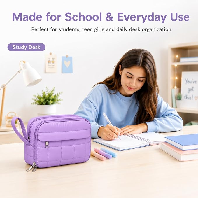 Puffer Quilted Pencil Pouch for Women, Large Capacity Organizer Bag with Multiple Compartments, Cute Aesthetic Pencil Case for Office, Travel & Daily Essentials (purple)