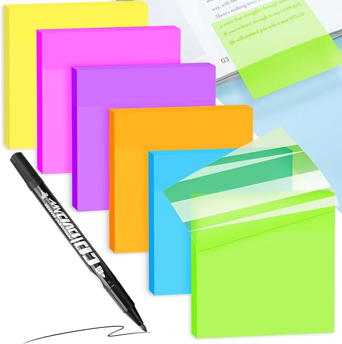 Transparent Sticky Notes with Marker Pen, Tecolu 7 Pads Clear Sticky Notes Sets, 5X The Sticking Power Translucent Sticky Note Pad, Waterproof & See-Through Sticky Notes