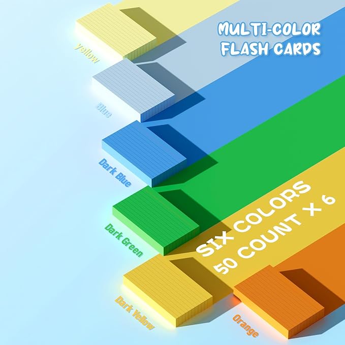 300 Count Colored Index Cards 3x5, 6 Bright Colors Note Cards, Flashcards for Studying, 50 Sheets Per Color, Colored Notecards 3x5 Lined, Colorful Index Cards Ruled for School, College, and Office
