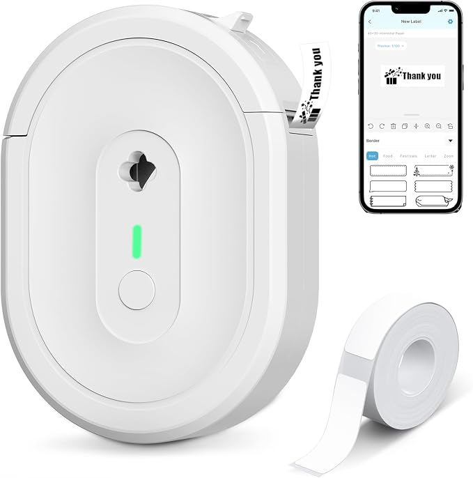 N12 Label Maker Machine with 1 Tape Mini Thermal Label Printer, White | Labeler Machine Available for Phone, Portable Label Maker Rechargeable Labeling Machine for Office School Home Organization