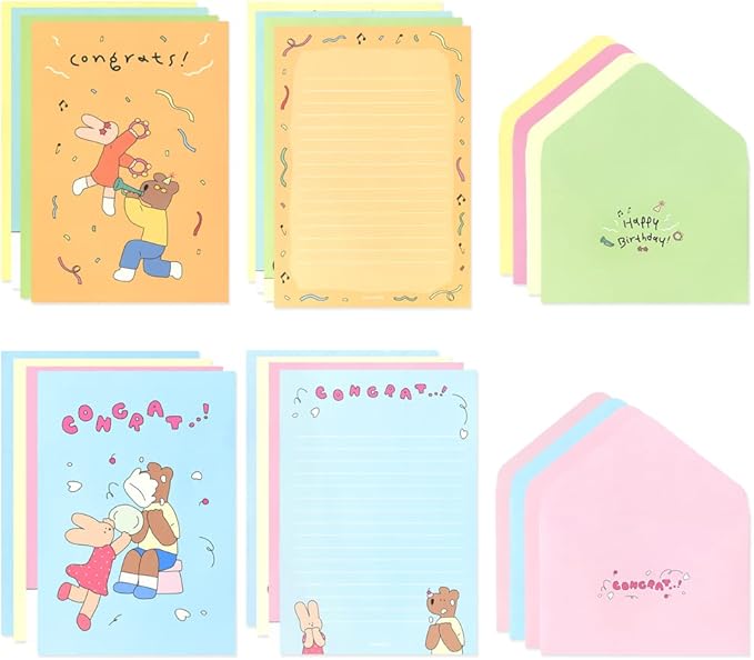 Monolike Happy and Lucky Birthday Letter Paper and Envelopes Set - 8Type, 32 Letter Paper + 16 Envelopes