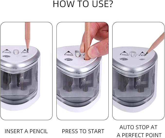 Electric Pencil Sharpener, Automatic Battery Operated Pencil Sharpeners with 2 Holes for Office School Artists Adults Kids Use, Suitable for No.2 and 6-12mm Pencils