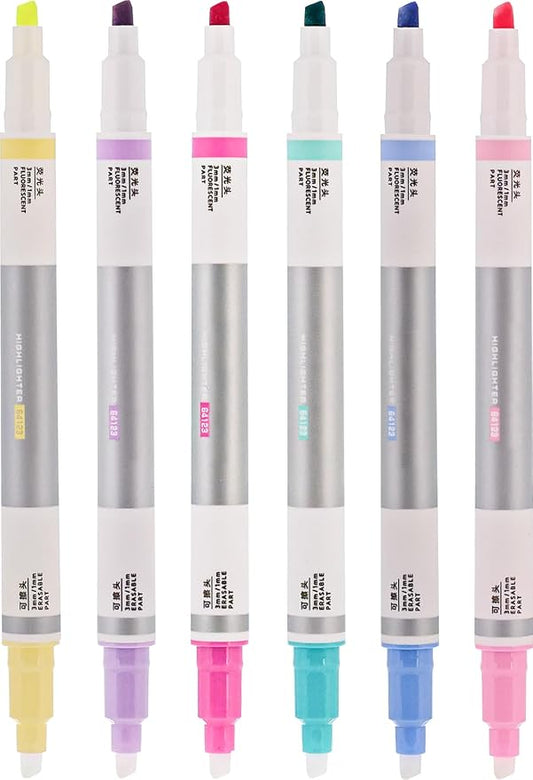Erasable Highlighters Assorted Colors 6 Count, Dual Chisel Tip, Smooth Writing, Quick Dry, Office and School Supplies, For Note Taking, Gifts