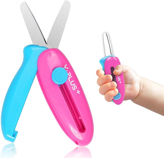 Safety Scissors for Kids, Retractable Small Scissors for Toddler Craft Ages 3-5 2-4 1-3, Cute Toddler Craft Preschool-Pink