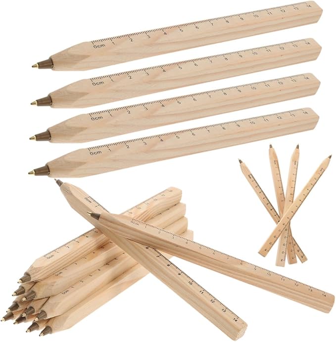 ULTECHNOVO 20pcs Black Wood Ballpoint Pens Biodegradable Wooden Signature Pens with Printed Scale Ruler for Carpenter Drafting and Construction Use