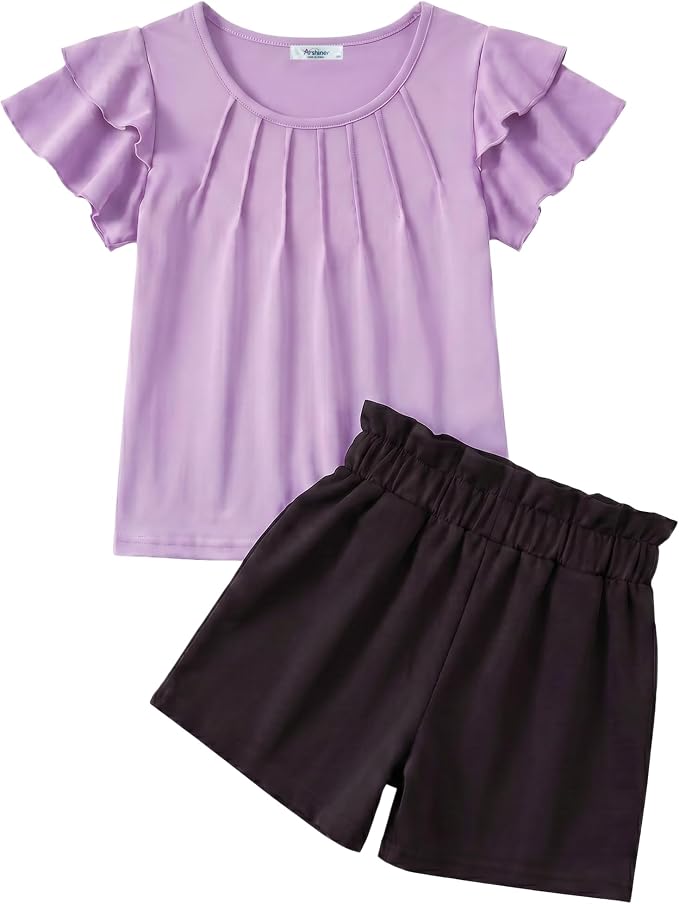 Arshiner Girls 2 Piece Outfits Summer Ruffle Sleeve Top and Paperbag Waist Shorts Set with Pockets Size 5-13 Years