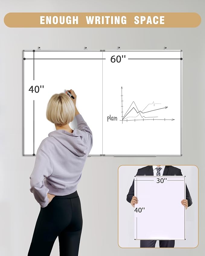 60"X 40" Large Magnetic Dry Erase Whiteboard, Wall Hanging Board with 4 Pens & 1 Dry Erasers & 6 Magnets, Sliver Aluminum Frame White