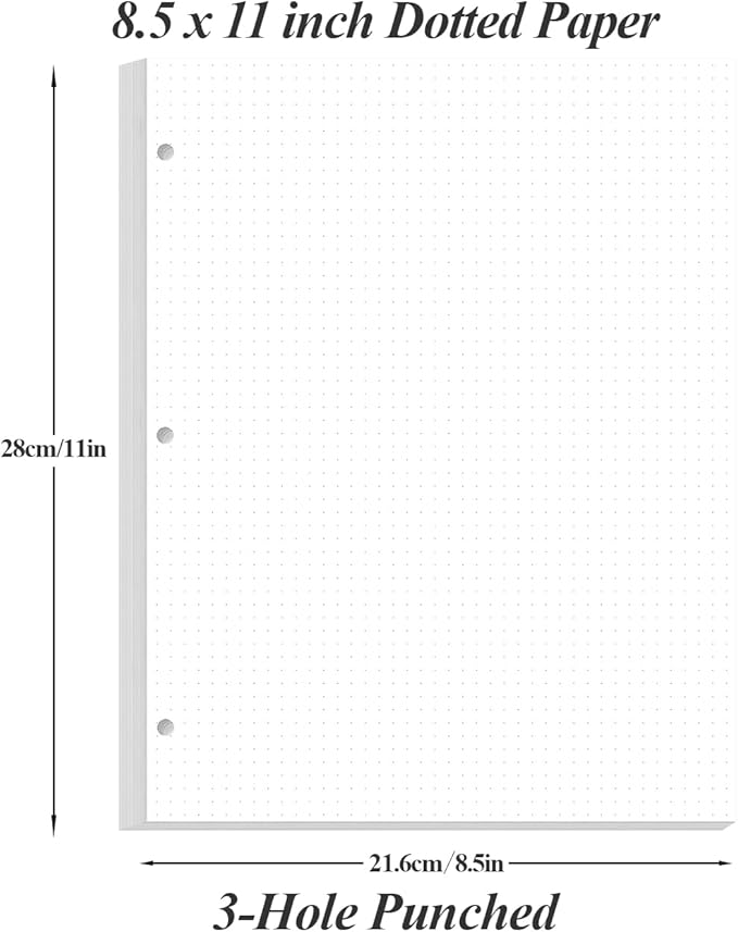 (3-Pack) 3-Hole Dotted Paper Refills, Letter Size Dot Grid Loose-Leaf Paper, 300Sheets/600Pages, 100gsm White Paper, 8.5'' x 11''