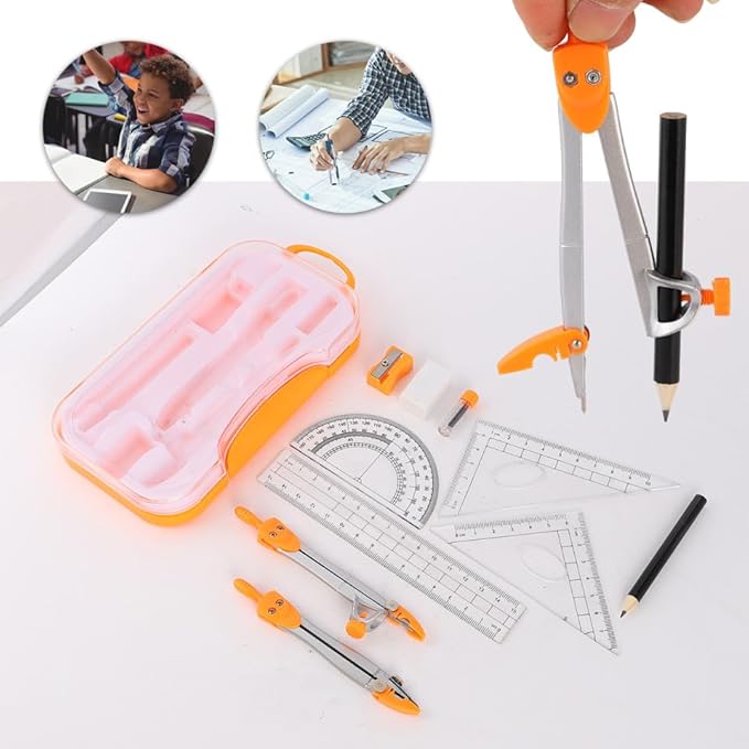 KALLORY Geometry Drawing Kit with Metal Compasses 10pcs Set for Students, Math Ruler and Compass Tools for School Exams and Technical Drawing Random Color