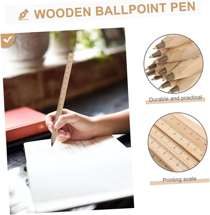 Natural Biodegradable Solid Wood Ballpoint Pens 6pcs Black Ink Carpenter Drafting Pens with Printed Ruler for Office and Woodwork Use