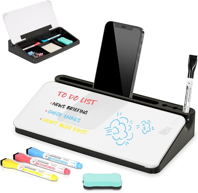 DOLLAR BOSS 12''x7'' Glass Desktop Whiteboard Small Dry Erase Board with Storage Drawer Computer Keyboard Stand Desk Organizer Office Accessories School Supplies with 4 Markers, Black