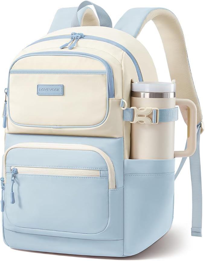 LOVEVOOK School Backpack for Teen Girls & College Students, Large Capacity Laptop Backpack with Water Bottle Holder, Lightweight Bookbag for School, Travel & Everyday Use, Beige-Light Blue